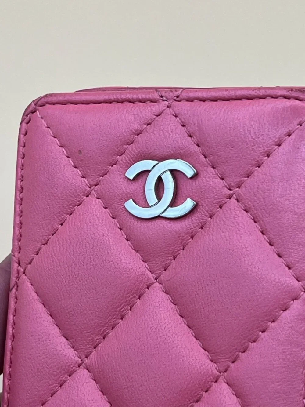 Chanel Pink Quilted Lambskin Cell Phone Case Holder Silver CC Logo Made in Italy